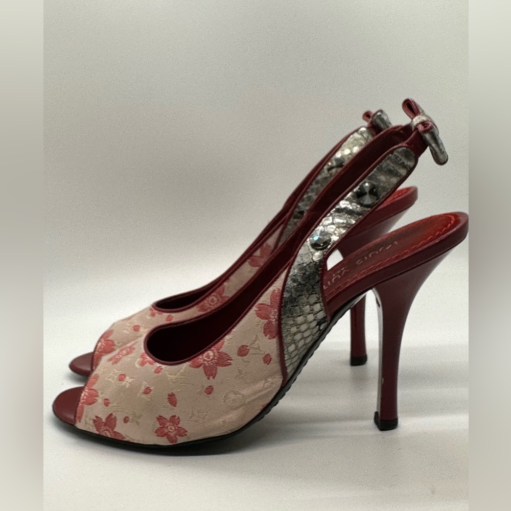 LOUIS VUITTON Satin Cherry Blossom Monogram Sandal Shoes Size 38.5 UK or 8.5 US